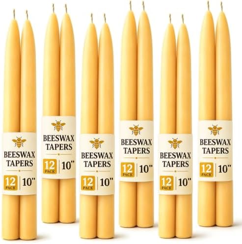 Beeswax Taper Candles, 12 Pack, 10 Inch, Unscented Yellow by Capaniel