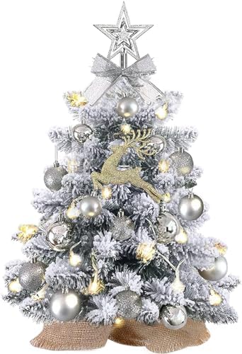 Mini Christmas Tree with Lights,24In/2ft Snow Flocked Pre-lit Tabletop Christmas Tree with 19 Decorations,Artificial Small DIY Decor for Table Desk Home by QLOFEI