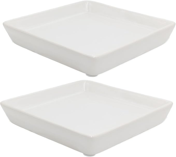Square Ceramic Plant Saucer Tray 2 Pcs 8 9 10 Inch White, 9.3" OD x8.3 ID x1.3 Deep, Sturdy Heavy Duty Glazed Planter Drip Flower pots with Catch Basin for Indoor Outdoor Plants(10" White)