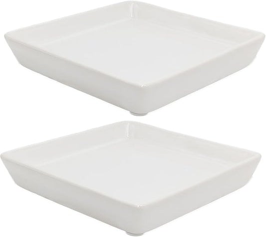 Square Plant Saucer 8 Inch 2 Pack，Plant Trays for Pots, White Ceramic Plant Saucers for Indoors Outdoors, Plant Drip Tray 4 6 8 10 12 14 Inch