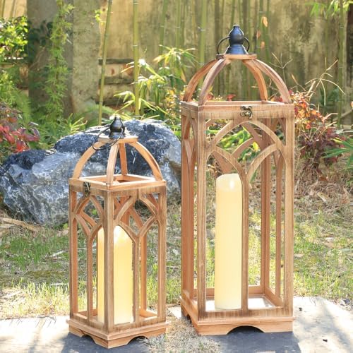Large Farmhouse Wooden Lantern Decorative Indoor & Outdoor,30‘’/20‘’H Set of 2 Rustic Hanging Candle Lanterns, Wooden Outdoor Lanterns for Patio Front Porch Table, Natural Wood - Image 6