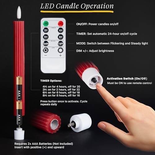12 Pack, 10" LED Flameless Real Wax Red Fluted Ribbed Grooved Taper Candles, Remote & 24h Timer Memory, On/Off Button, Dimmable, Flicker Mode, Battery Operated, Wedding - Image 4