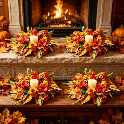 6 PCS Fall Candle Ring Wreaths Artificial Fall Daisy Sunflower Autumn Floar Candle Holder Rings with Maple Leaves Eucalyptus Mini Thanksgiving Wreath for Cabinets Farmhouse Table Centerpiece Decor - Image 6
