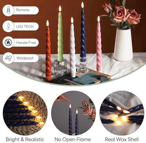 Navy Blue Spiral Flameless Taper Candles with Remote Set of 6 - Image 4