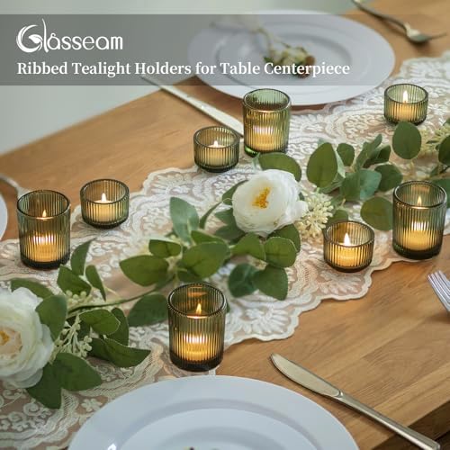 Glasseam Glass Tealight Candle Holders 24 Green Ribbed Votive for Christmas - Image 2