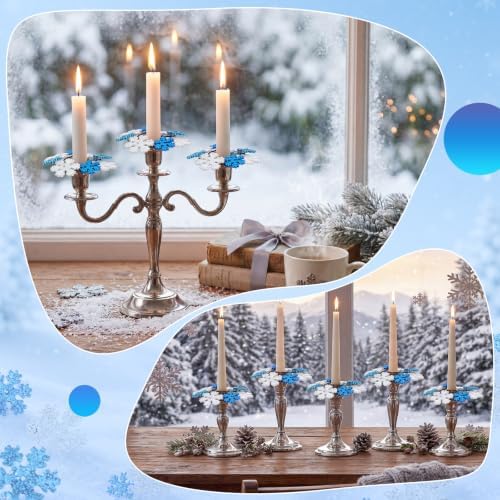 Daifunli 2 Pcs Winter Blue Snowflake Candle Rings Snowflake Wreath Glitter Vintage Wood Wreaths for Taper 1.25 Inch Candles Holder for Winter Christmas Rustic Table Centerpiece Decor - Image 4