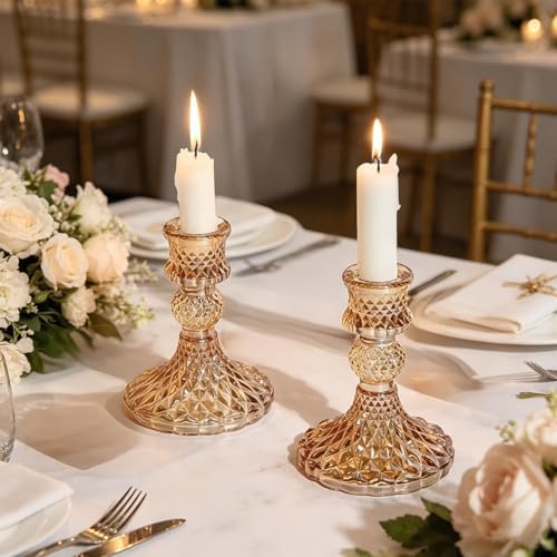 2 Pack Glass Taper Candlestick Holders, Gold Candlestick Holders, 4" H Crystal Candle Holders Decorative Candle Stand Centerpiece for Wedding, Festival, Dinning Party Table Decor by AUMAYCO