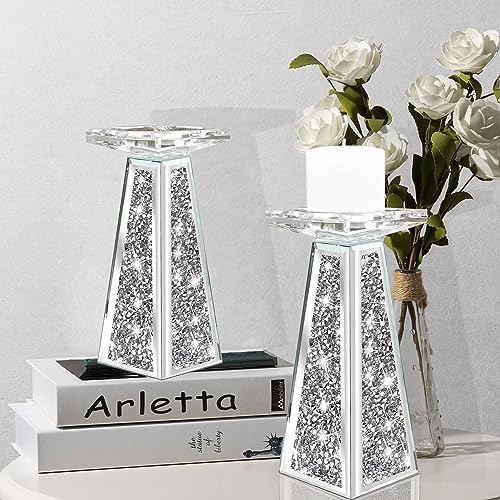 Wocred 2 Piece Candlestick Holders for Holding Pillar Candles, Crystal Crushed Diamond Candle Holders Set Decor for Dinning Room, Silver Glass Votive Candle Holders for Table Centerpiece(8”) by Wocred