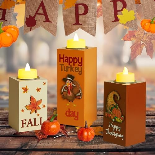 BlcTec Thanksgiving Decorations for Home 3 PCS Wood Candle Holders with LED Tea Lights & 3D Carving Craft, Rustic Candle Centerpieces for Home, Table, Office, Tiered Tray Fall Decor Thanksgiving Decor - Image 5