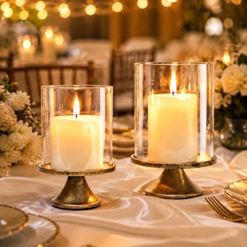 2 Pcs Hurricane Glass Candle Holders Set with Glass Dome & Metal Base by MoYueno