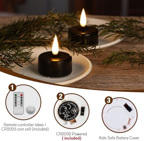 Eywamage Black Flameless Tealights with Remote Batteries, Real Wax Flickering LED Tea Votive Candles Set of 10 - Image 3