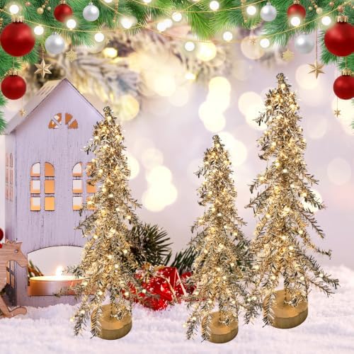 3 Pcs Mini Christmas Tree with Lights, Artificial Bottle Brush Trees with Wooden Bases Christmas Table Decor Small Trees with LED Light String for Decorations，Yellow - Image 2