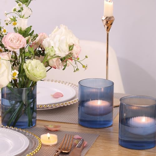 Glass Ribbed Cylinder Vase Set of 6,Bud Vase for Wedding Centerpieces,Clear Ribbed Glass Flower Vases Bulk,Hurricane Floating Candle Holder 4 Inch,Decorative Vases for Home Decor(Blue) - Image 3