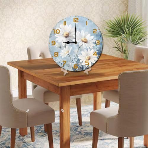 Chamomile Flowers Daisies Wooden Silent Non-Ticking 10 Inch Round Clocks Battery Operated Analog for Living Room Kitchen Bedroom Bathroom Office Home School Decor
