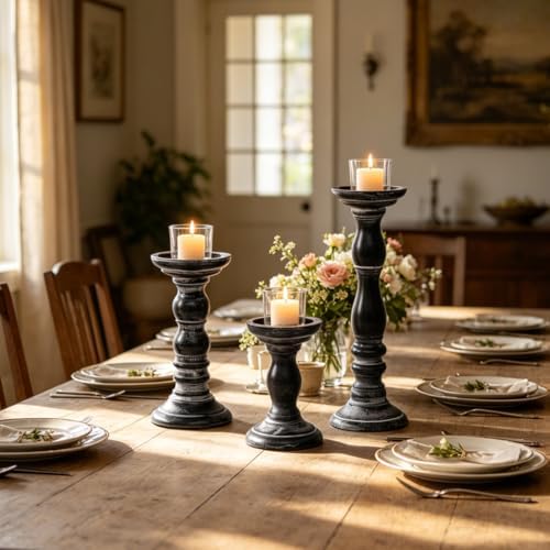 Vintage Pillar Candle Holders Set of 3 - Distressed Black Wood Candlestick Holders for Table Centerpieces, Farmhouse Decor for Fireplace Mantel, Rustic Shabby Chic Candle Pillar Holder for Home - Image 5