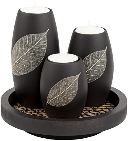 IYARA CRAFT Candle Holder Set with Tray – 3 Handmade Wood Tealight Holders, Black Leaf Design, Winter Home Décor, Spa-Inspired Holiday Centerpiece & Elegant for Women, Mom, Housewarming by IYARACRAFT