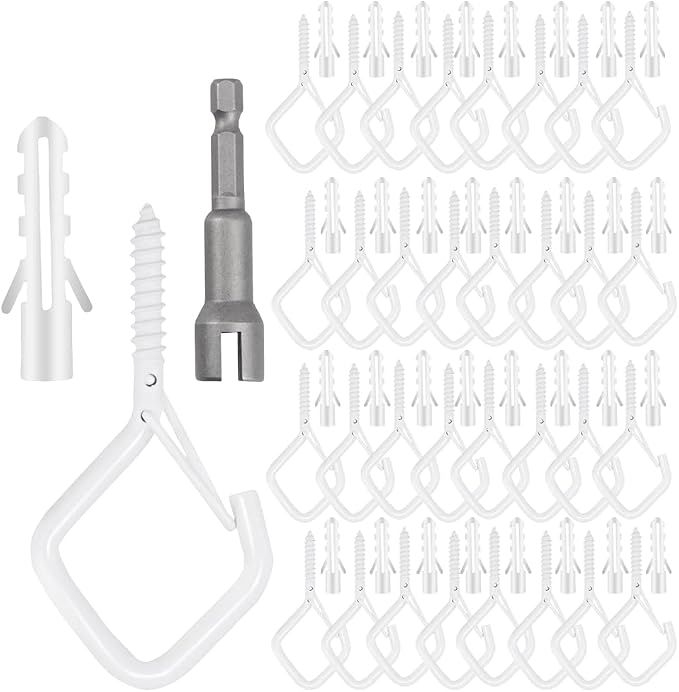 32-Pack Heavy-Duty White Screw Eye Hooks with Safety Clips | Metal Ceiling Hooks for Hanging Plants, Wind Chimes, Bird Feeders & Indoor/Outdoor Lights