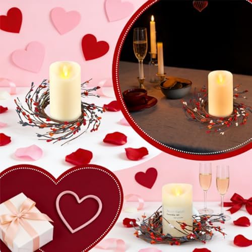 Daifunli 2 Pcs Valentine's Day Primitive Berry Candle Ring 3.9 Inch Rustic Farmhouse Red Berries Candle Ring Wreath for Pillar Candles Holder for Valentine Spring Table Centerpiece Decor - Image 4