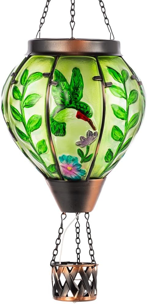 Hot Air Balloon Solar Lantern with Flame | Handmade Glass, Waterproof Outdoor Lantern, Decorative Outdoor Lantern for Patio, Garden, Porch, Green