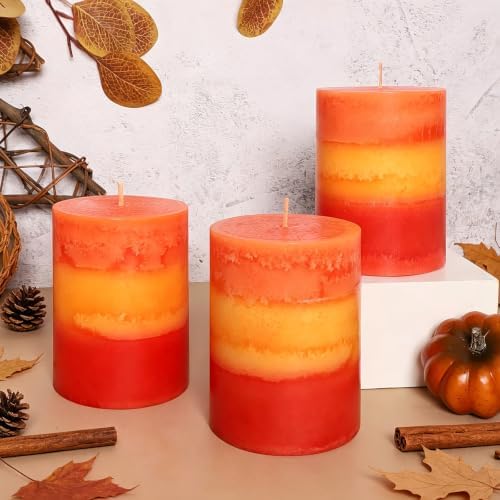 3×4 Inch Orange Pillar Candles, Pumpkin Scented Candles - 35+ Hour Long Lasting Clean Burning, Fall Harvest Celebration Aromatherapy Candles for Thanksgiving Day Dinner Table Décor, Set of 3 by Cafemoon