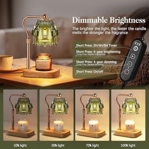 Candle Warmer Lamp with Timer Dimmer, Modern Wax Warmer for Scented Wax Jar Candle Warmer with 2 Bulbs, Adjustable Height Glass Lamp for Gifts for Women, Home Decor, Gold Green - Image 2