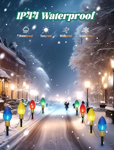 C9 Multicolor Christmas Decorations Outdoor Waterproof, 8FT Strawberry Jumbo Walkway Lights with 4 C9 LED Bulb, Connectable Marker Stakes Landscape Lights for Winter Yard Garden Lawns Xmas Holiday - Image 7