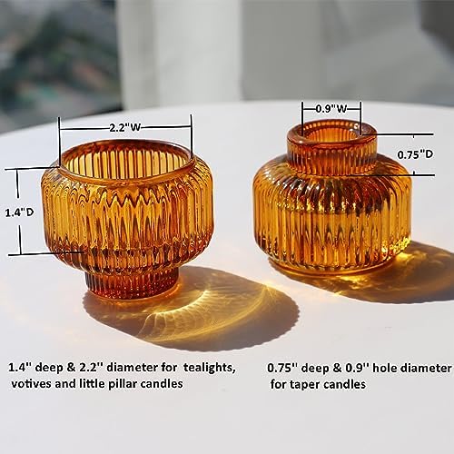 Woho Candlestick Holders Set of 4, Amber Votive Candle Holders for Fall Wedding Table Centerpiece, Ribbed Glass Taper Candle Holders for Dinner Party Halloween Thanksgiving Decor - Image 6