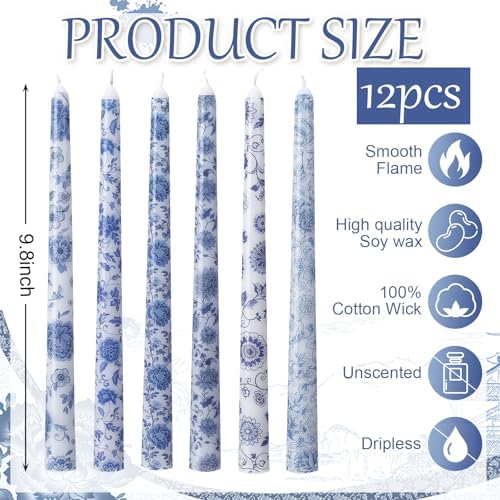 Conelist 12pcs Blue White Floral Taper Candle 9.8" Chinoiserie Candlestick - Image 2