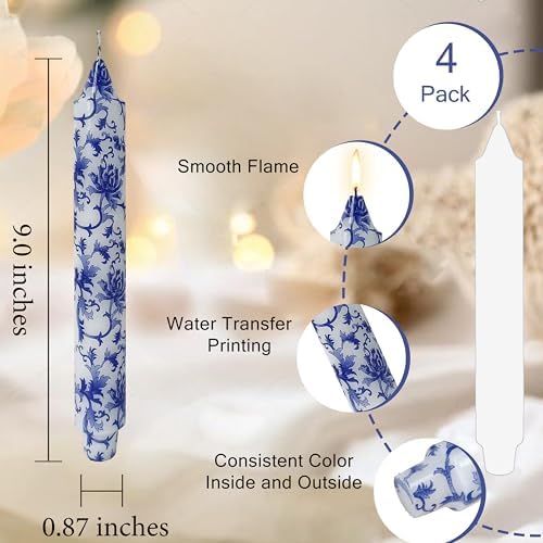 Long Blue and White Taper Candles 9 Inch Handmade Porcelain Style Wide Taper Candles Smokeless Unscented Clean Burning for Housewarming Gift New Home Entryway Cozy Hygge Bohemian Style Tall Decor - Image 3