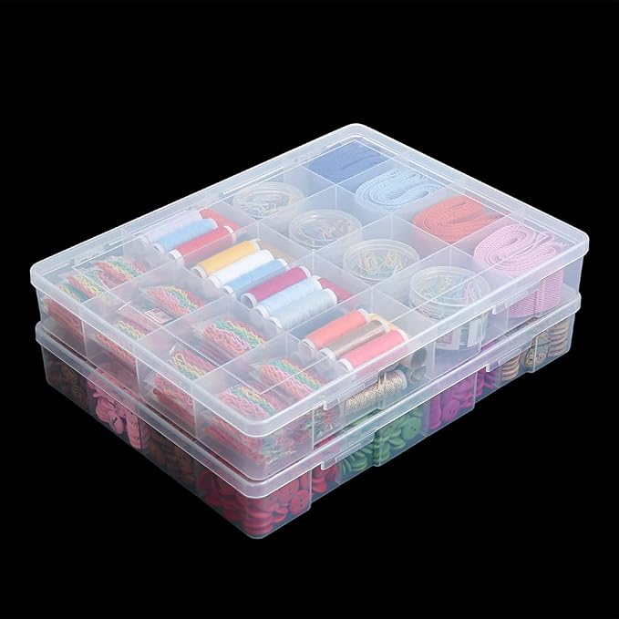 2 Pack Fixed 16 Grids Clear Plastic Large Compartment Container Case, Transparent Organizer Storage Divider Box with Lid for Bead, Button, Hardware, Screw, Sewing Kit, Craft Supplies