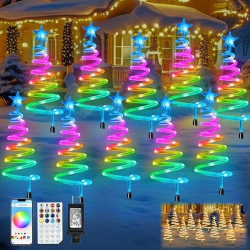 10Pack Smart Christmas Pathway Lights Outdoor with RGBW DIY Modes, APP Control Spiral Christmas Tree with Music Sync Group Control, 100+ Scene Modes Waterproof Outside Christmas Yard Decorations by JORETLE
