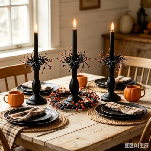 6 Pcs 1.38" Mini Halloween Taper Candle Rings Wreaths Small Artificial with Black Spiders Orange Berries Black Twigs Taper Candle Holder Wreath for Spooky Farmhouse Home Candlesticks Decor - Image 7