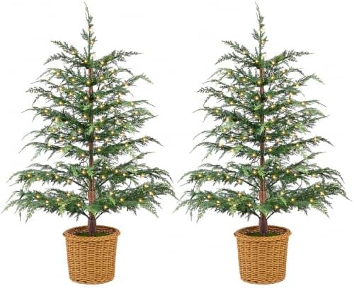 Christmas Decorations 2 Pack 3FT Pre-Lit Artificial Cypress Christmas Tree by ENJOLLY