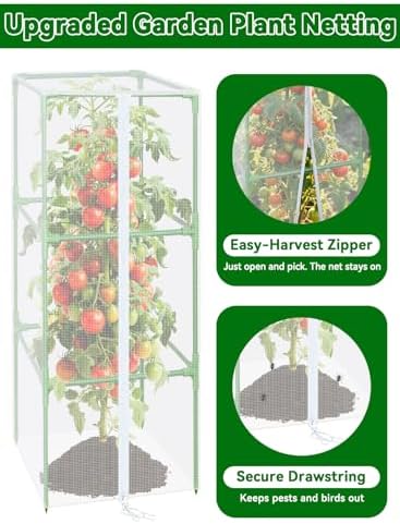 ZeeDix Tomato Cages with Bird Netting Set - 4 Pack 60 Inches Heavy Duty Tomato Cages + 4 Pack 57 Inches Garden Mesh Barrier for Tomatoes Climbing Vegetables Flowers