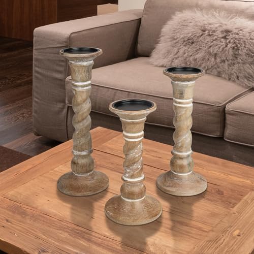 Set of 3 White Wash Farmhouse Wood Pillar Candle Holders - Handcrafted Rustic Tall Candle Holders for Home Decor, Centerpieces, Weddings, and Events - Heights: 14", 12", 10" - Image 2