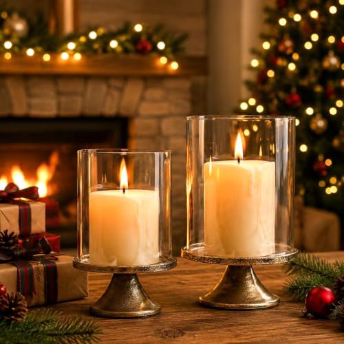 2 Pcs Hurricane Glass Candle Holders Set with Glass Dome & Metal Base - Image 3