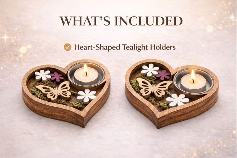 Handmade Wooden Tea Light Holder, Heart Shape with Floral Cutout Design - 2pack - Image 2