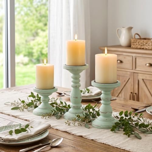 Wood Pillar Candle Holder: Distressed Sage Green Candle Stand by CreatedforWeddingsandHome