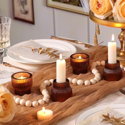 12 Pack Amber Taper Candle Holders, Glass Tea Light Candlestick Holders - Image 4