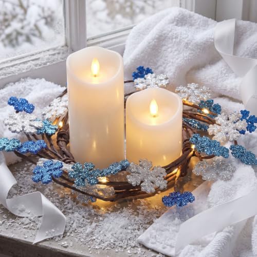Daifunli 2 Pcs Winter Blue Snowflake Candle Rings Snowflake Wreath Glitter Vintage Wood Wreaths for Pillar 4.25 Inch Candles Holder for Winter Christmas Rustic Table Centerpiece Decor - Image 3