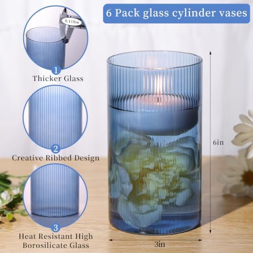Glass Cylinder Vase 6 Inch Tall- Blue Ribbed Decor for Wedding Centerpieces - Image 3