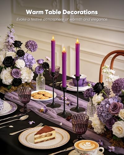 Homemory 3 Pcs Waxy Purple Flameless Taper Candles with Remote Timer, LED Fake Candlesticks, 9.6 Inches Battery Tall Candle with 3D Flickering Flame for Wedding, Dinner, Christmas Anniversary Decor - Image 5