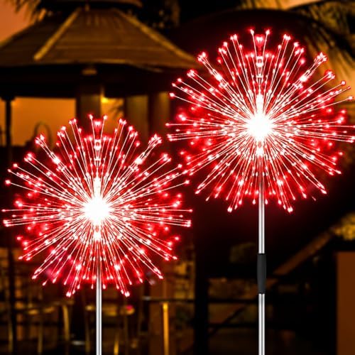 Solar Firework Lights, 2 Pack 120 LEDs 2 Lighting Modes Solar Garden Lights Outdoor Waterproof for Yard Patio Walkway Pathway Party Wedding Christmas Decorative - Red by JJGoo