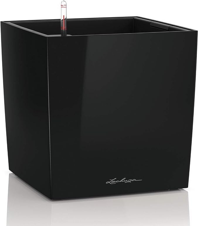 Lechuza Cube 50 Premium Black High Gloss, Self-Watering Square Planter, H19.3 L19.3 W19.3 in