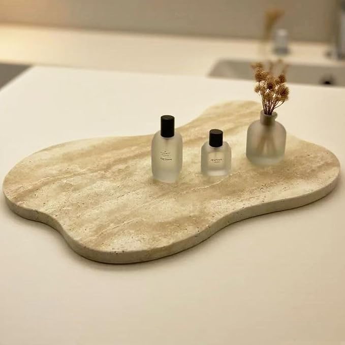 Cloud Shaped Travertine Vanity Tray, 13.3 x 8.3 Inch Natural Stone Decorative Catchall Tray for Bathroom Countertop, Beige Marble Jewelry Dish Perfume Tray for Coffee Table Dresser Nightstand
