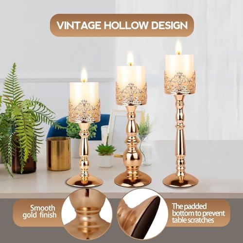 Candle Holders for Pillar Candles Set of 3 Gold Vintage Tall Candle Holders Decorative Large Table Centerpieces Candle Stand Decor - Image 2