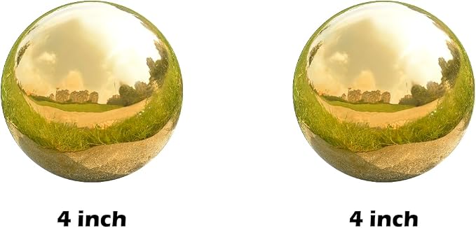 Gazing Ball Garden Mirror Outdoor - Outside Decorative Globe, Gold, 2Pcs | Metal Polished Reflective Sphere, Stainless Steel Hollow Decoration Ornament for Home Pond Swimming Pool Housewarming Gift