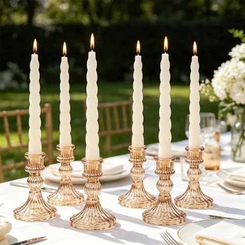 6 Pack Glass Taper Candlestick Holders, Gold Candlestick Holders, 4" H Stripe Crystal Candle Holders Decorative Candle Stand Centerpiece for Wedding, Festival, Dinning Party Table Decor by AUMAYCO