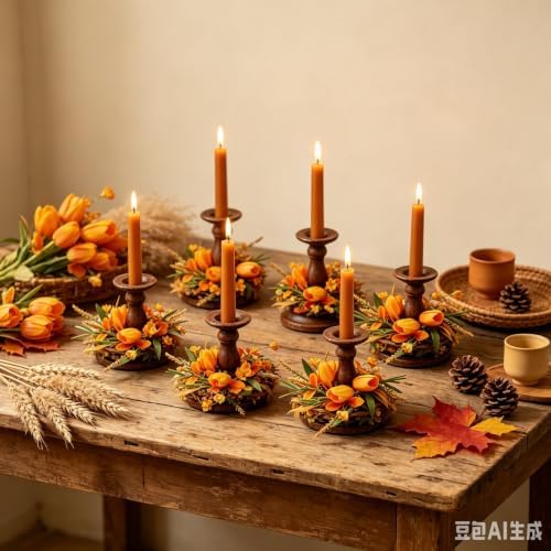 6 Pcs 1.38" Mini Fall Taper Candle Rings Wreaths Small Artificial with Orange Tulips Yellow Flowers Wheat Grass Green Leaves Orange Decorative Leaves Taper Candle Holder Wreath for Candlesticks Decor - Image 5