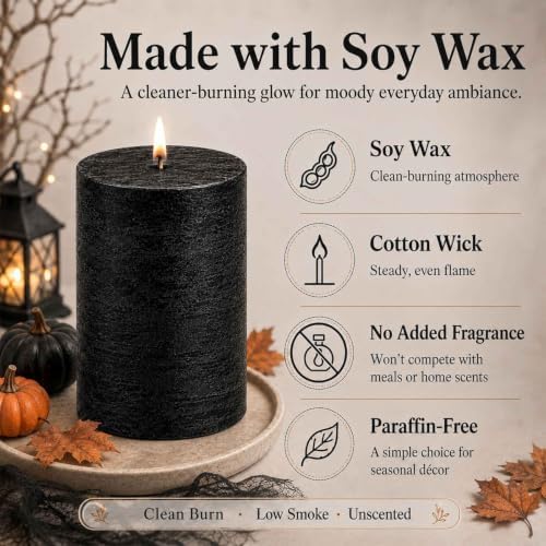 Black Unscented Pillar Candles 4 Pack, 2.8 x 4 Inch Rustic Soy Wax Candles, - Image 3